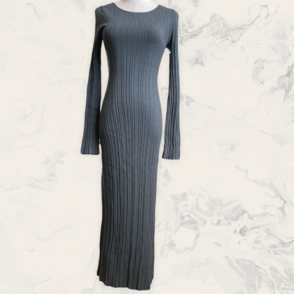 NWT Open Edit Twist Back Ribbed Long Sleeve Midi Dress - Size XS - Grey